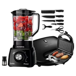 Kit Liquidificador Mondial Turbo 550W + Sanduicheira Grill Preto E Facas - Liquidificador