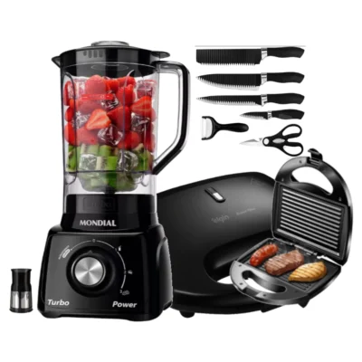 Kit Liquidificador Mondial Turbo 550W + Sanduicheira Grill Preto E Facas - Liquidificador